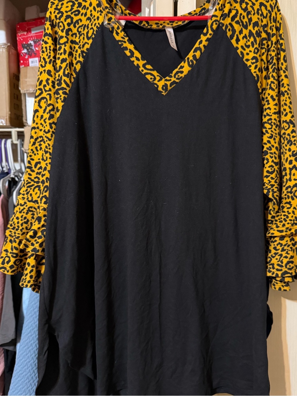 Emerald Black Tunic with Yellow Leopard Raglan Sleeves